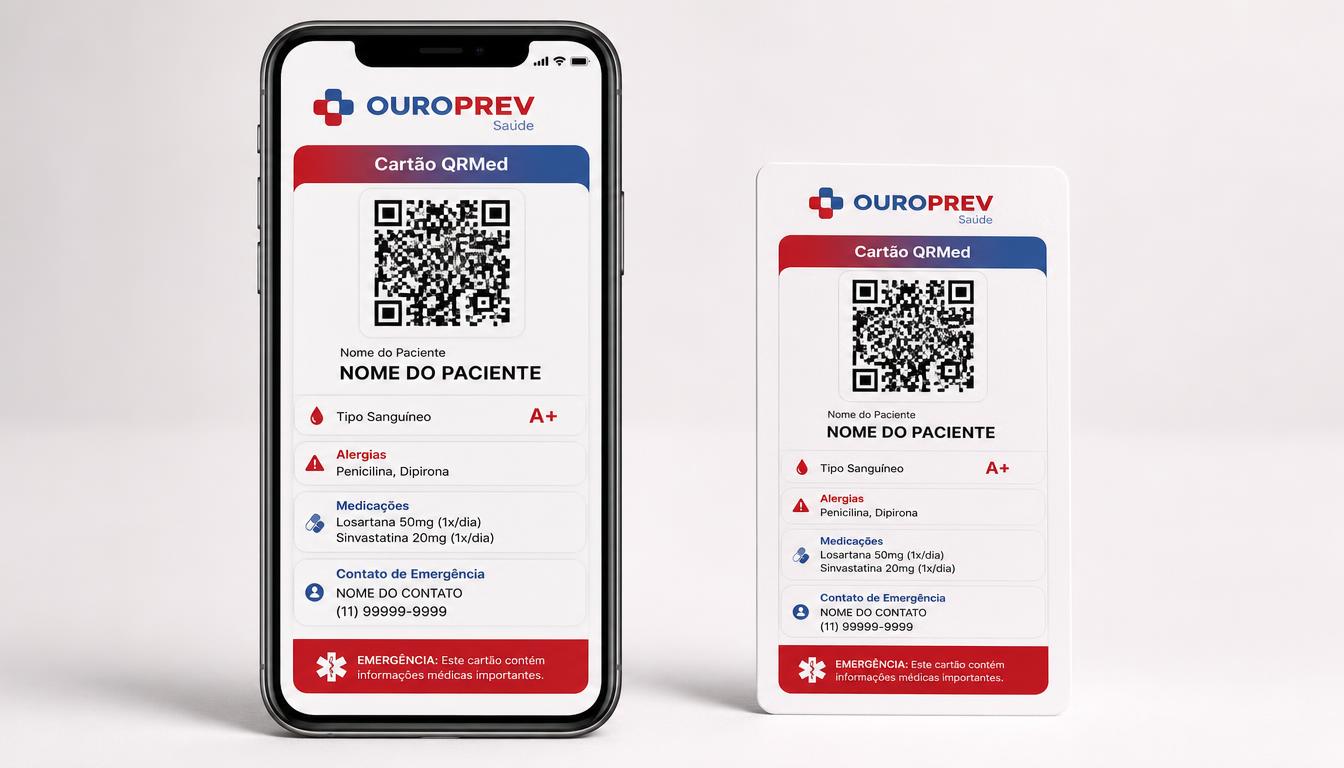 Modelo do Cartão QRMed OUROPREV com QR Code, tipo sanguíneo, alergias e contato de emergência