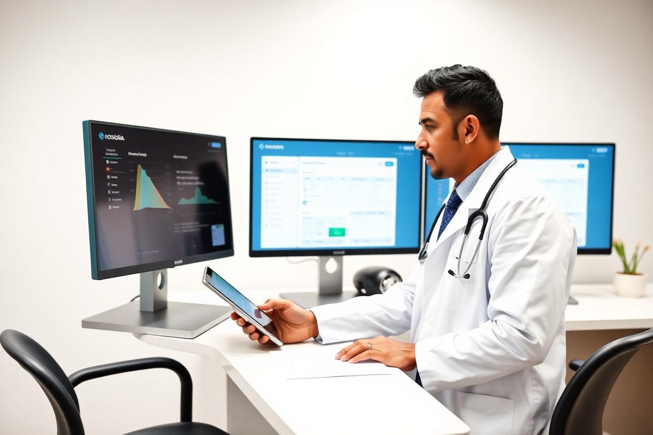 Médico emitindo documento eletrônico em um tablet no consultório